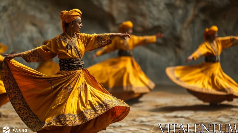 Captivating Dance: Three Women in Yellow Dresses Dancing in a Circle AI Image
