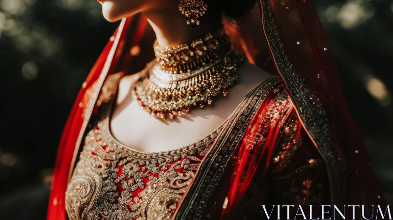 Enchanting Indian Bride in Red and Gold Wedding Dress AI Image