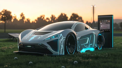Futuristic Electric Car on Green Field at Sunset