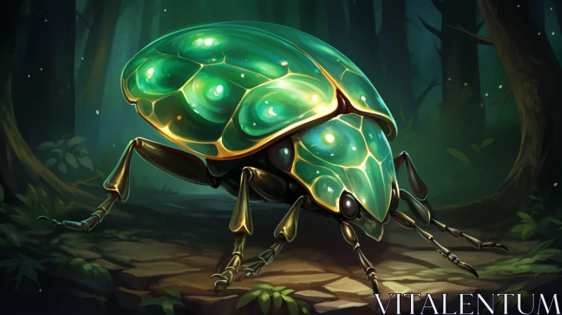 AI ART Green and Gold Beetle in Dark Forest - Digital Painting