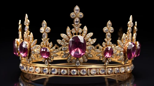 Luxurious Gold Crown with Rubies and Diamonds on Black Background