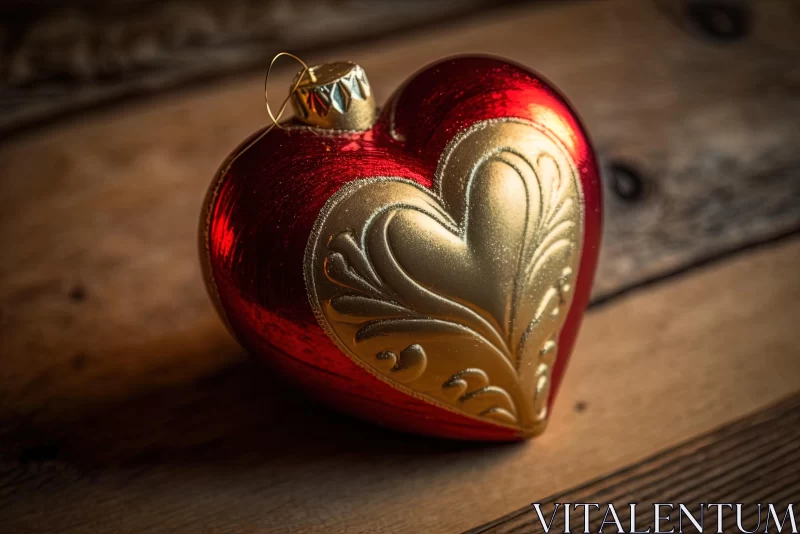 Red and Gold Heart Ornament on Wooden Table - Bold and Contrasting Style AI Image