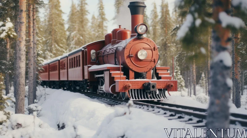 Red Steam Locomotive Moving Through Snowy Forest AI Image