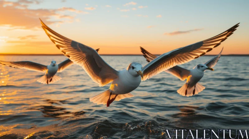 Tranquil Sunset Scene with Seagulls Over Sea AI Image