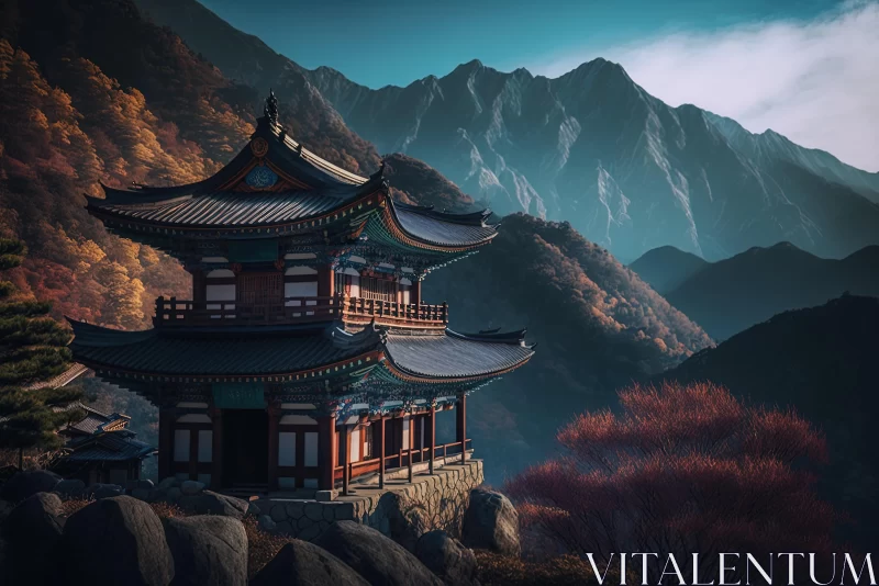 Autumn Landscape: Serene Pagoda Amidst Vibrant Mountains AI Image