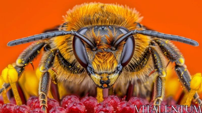 Bee on Red Flower Close-Up AI Image