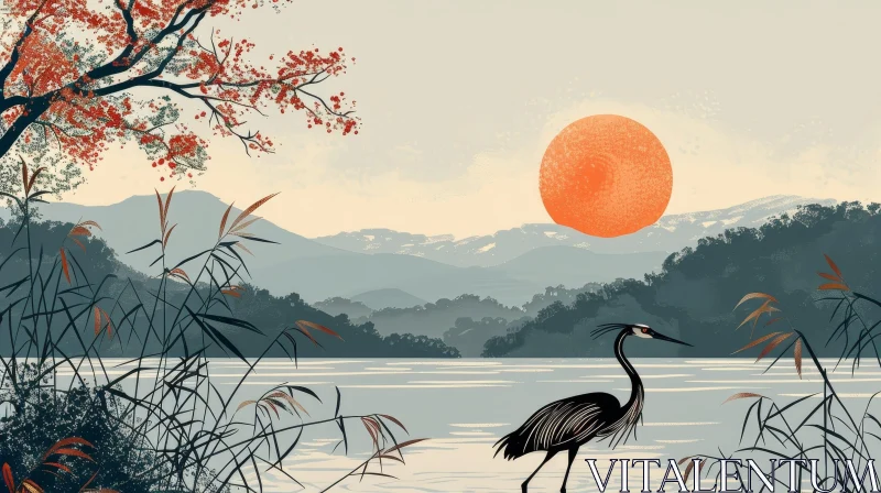 Black Heron in Lake at Sunset - Digital Painting AI Image