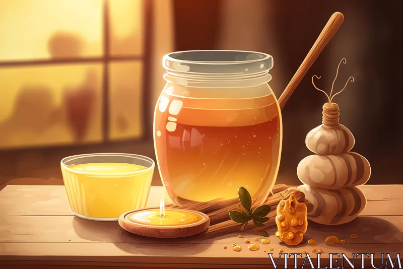Captivating Honey Jar and Cinnamon Illustration | Kitchen Still Life AI Image