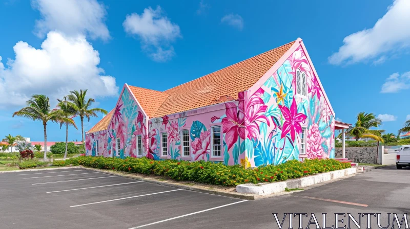 AI ART Colorful Building with Floral Mural: A Captivating Street Decor