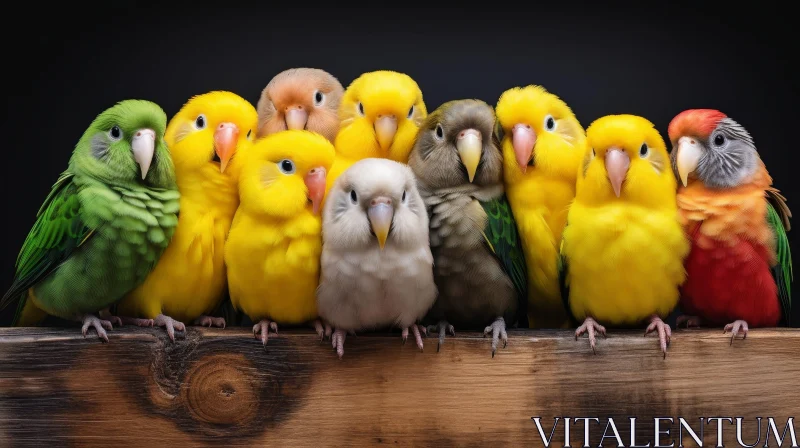 AI ART Colorful Parrots Group on Wooden Perch - Stock Photo