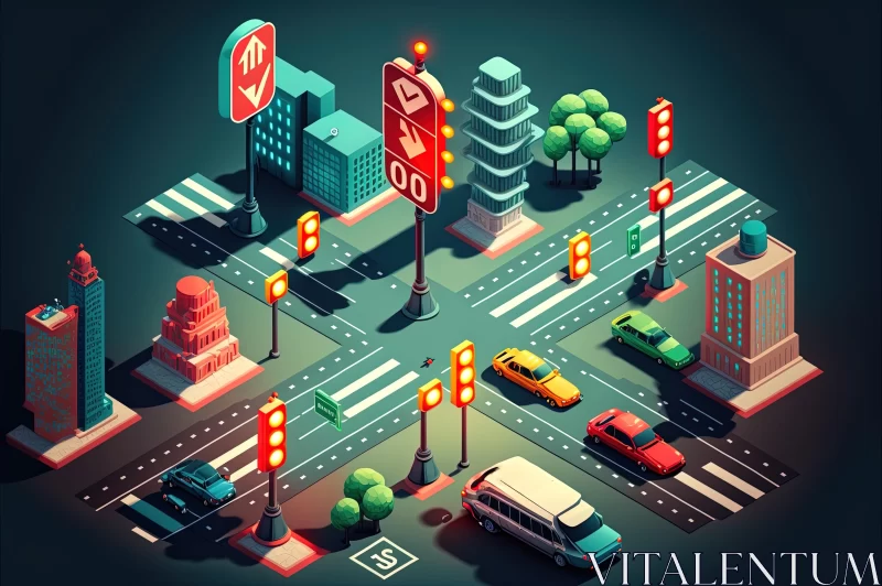 Isometric Illustrative City with Traffic Lights and Intersection | Pixelated Realism AI Image