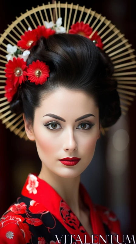 Japanese Woman in Red Kimono with Floral Pattern AI Image