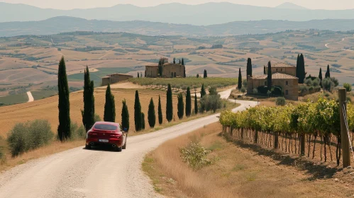 Red Car Driving in Tuscany Countryside - Serene Nature View