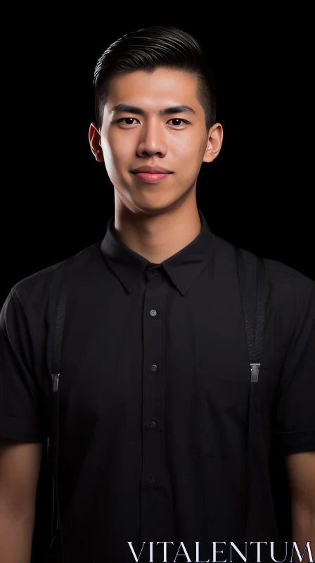 Stylish Asian Man Portrait in Black Shirt and Suspenders AI Image