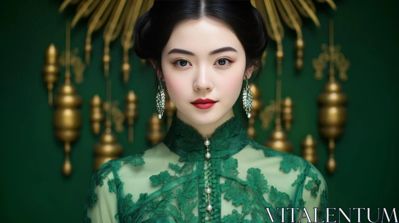 Traditional Asian Woman Portrait in Green Dress AI Image