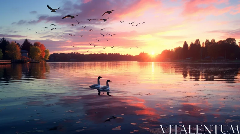 Tranquil Lake Sunset Scene with Swans and Birds AI Image