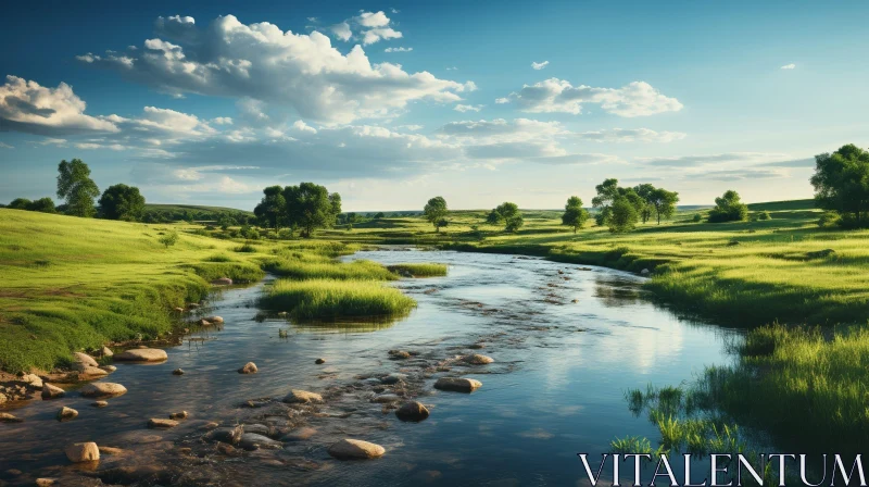 AI ART Tranquil River Landscape in a Green Meadow