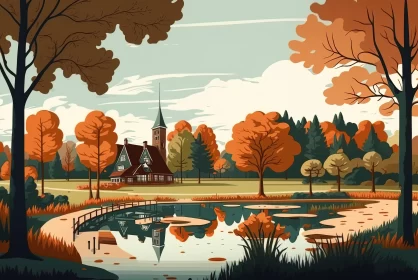 Vintage Autumn Scene with Buildings and Trees in a Park