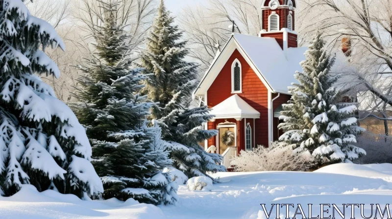 Winter Scene: Serene Red Church in Snowy Forest AI Image