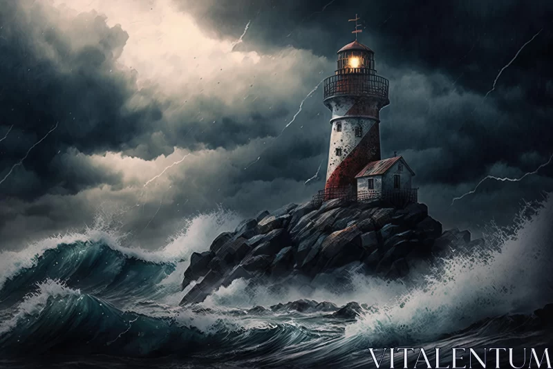 Captivating Lighthouse Illustration Amidst Stormy Clouds AI Image