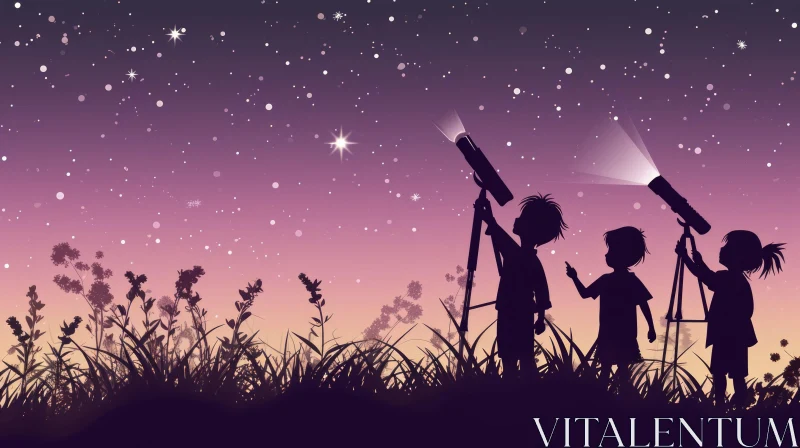 Captivating Night Scene with Children Stargazing | Beautiful Silhouette AI Image