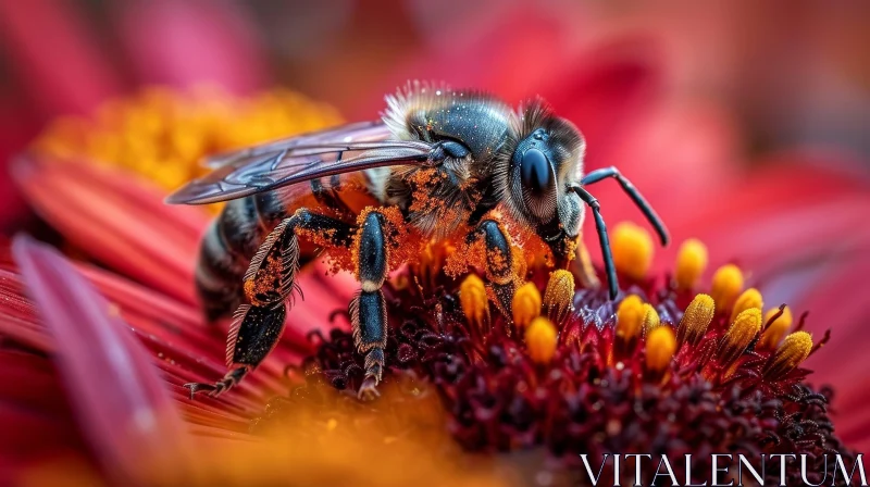 AI ART Close-up Bee on Red Flower - Nature Photography