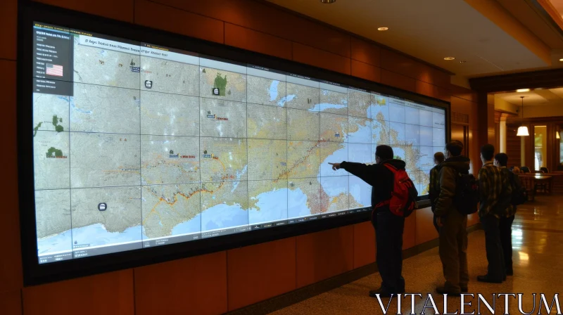 AI ART Engaging Interactive Technology: Group of People Exploring World Map on Touch Screen Display