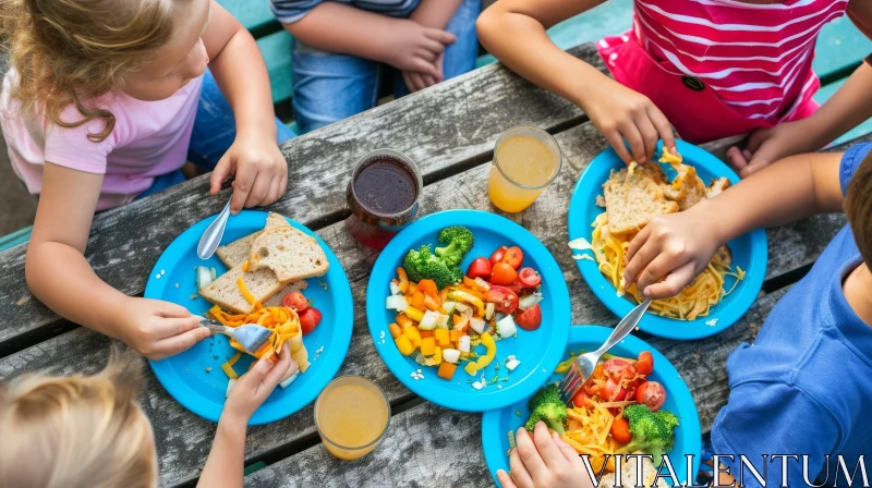 AI ART Four Children Eating at a Wooden Table - Wholesome Meal