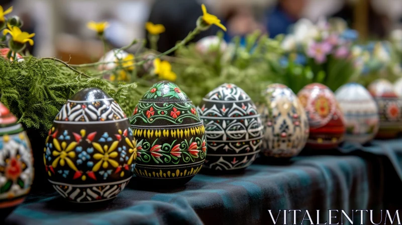 Intricately Decorated Easter Eggs on Blue Checkered Tablecloth AI Image
