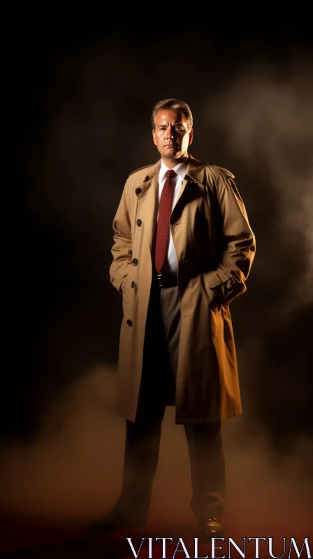 Mysterious Man in Trench Coat Standing in Dark Room AI Image