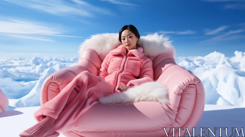 Pink Fluffy Suit Woman in Snowy Mountain Landscape AI Image