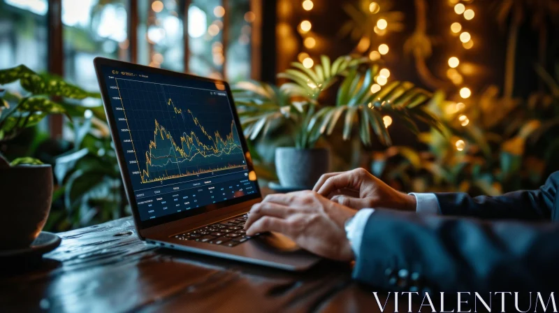 Professional Man Working on Laptop in Cafe with Stock Market Chart AI Image