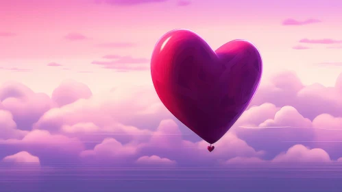Serene Heart-Shaped Hot Air Balloon in Purple and Pink Sky