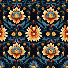 Symmetrical Floral Pattern in Dark Blue, Light Blue, Orange, Yellow