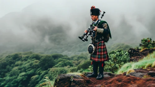 Traditional Scottish Bagpiper on Misty Mountaintop