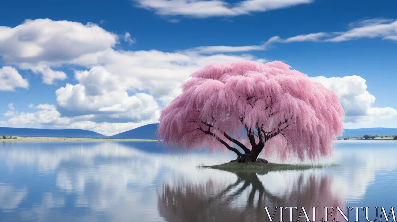 Tranquil Lakeside Landscape with Weeping Willow Tree and Mountain View AI Image