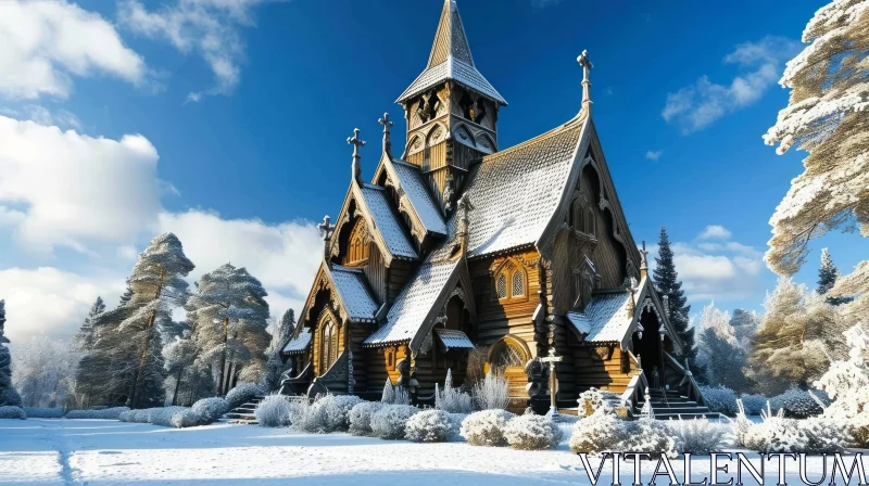 Tranquil Wooden Church surrounded by Snow-Covered Trees AI Image