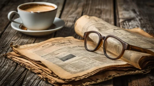 Vintage Still Life Composition: Coffee, Glasses, and Newspaper on Wooden Table