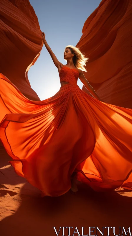Woman in Orange Dress Standing in Canyon AI Image