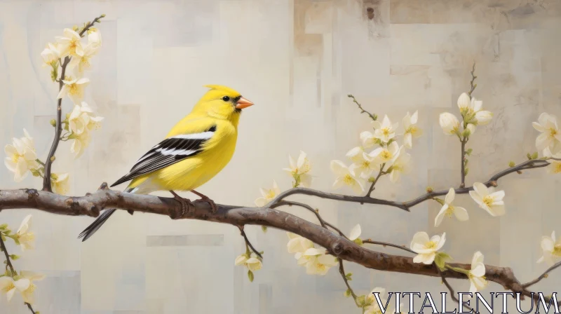 AI ART Yellow Bird on Branch with White Flowers Painting