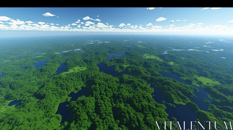 Aerial View of Lush Jungle Forest and Water Bodies AI Image