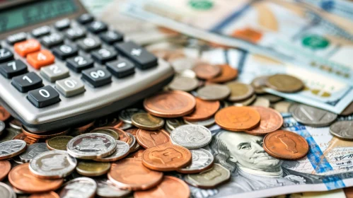 Calculator on Coins and Paper Money | Financial Concept