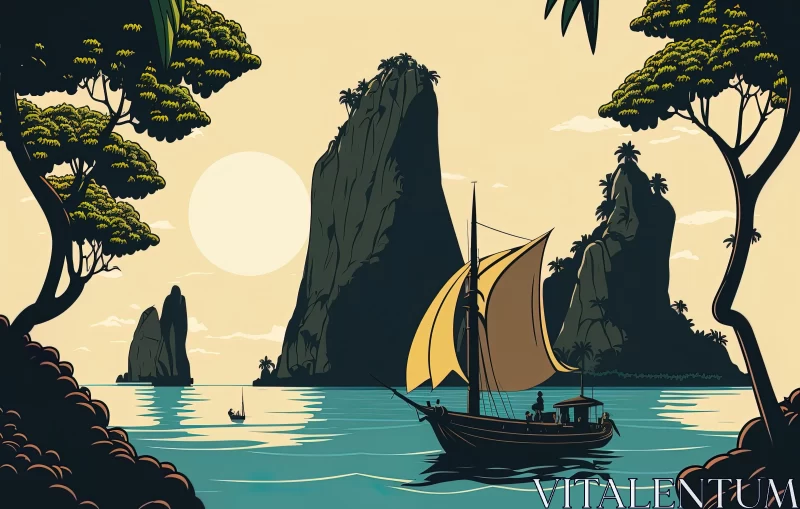Captivating Sail Boat Artwork on a Tropical Island | Graphic Design-Inspired Illustrations AI Image
