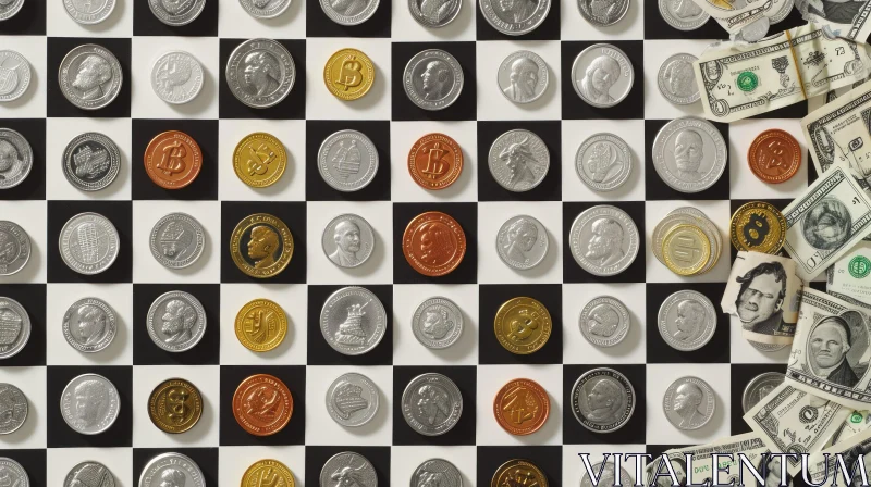Chessboard with Coins and One-dollar Bills: A Captivating Composition AI Image