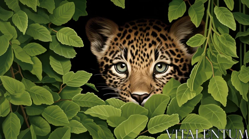 Curious Leopard Cub Peeking from Green Leaves AI Image