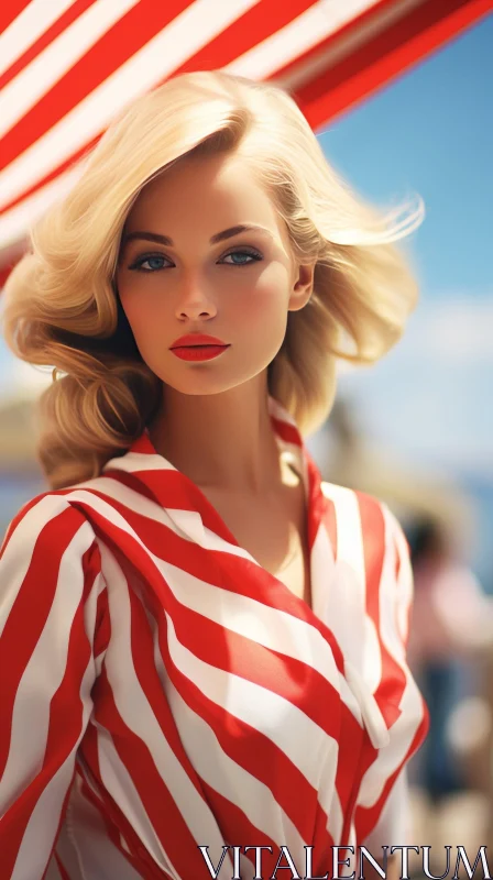Elegant Blonde Woman in Red and White Striped Dress
