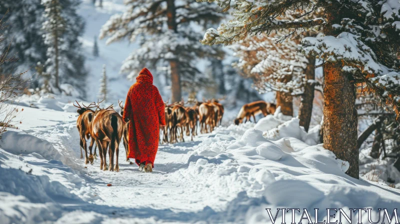 Enchanting Snowscape: Person Leading Reindeer in a Winter Wonderland