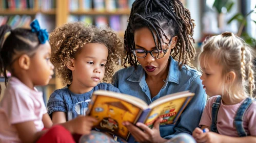 Engaging Storytime: Teacher Reads to Smiling Children in Library