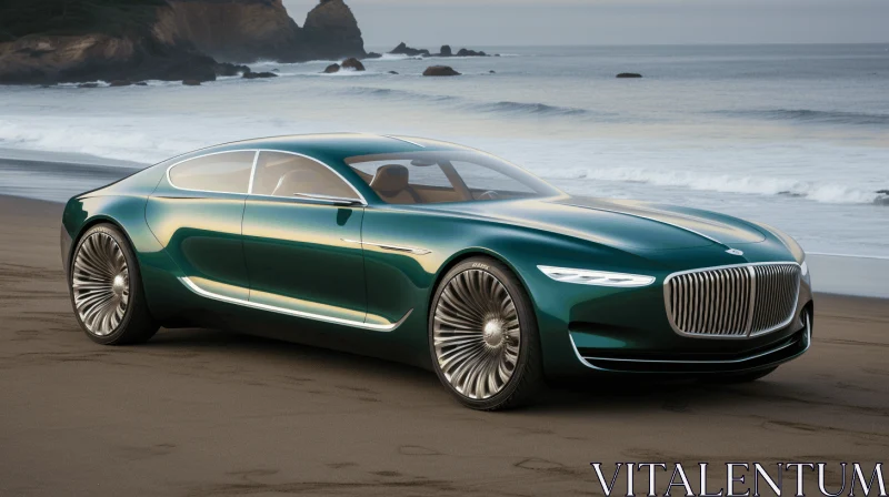 Green Concept Car on Beach: Art Nouveau Influence AI Image
