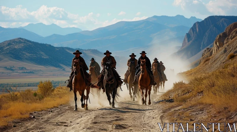 Group of Cowboys Riding Horses in the Mountains - Western Art AI Image